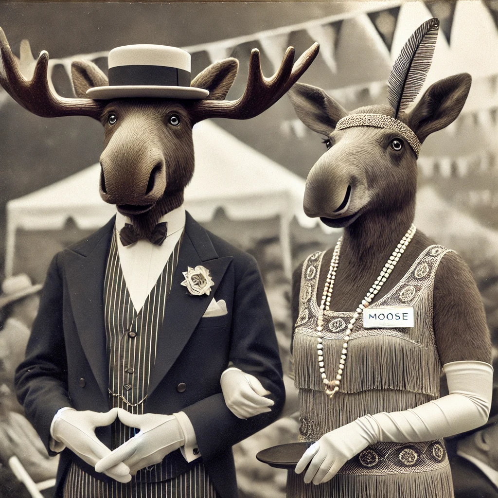 DALL·E 2025-06-29 12.52.58 – A realistic image of two anthropomorphic moose dressed in 1920s-1930s vintage clothing, representing volunteers for a Shriners event. The male moose i DALL·E 2025-06-29 12.52.58 - A realistic image of two anthropomorphic moose dressed in 1920s-1930s vintage clothing, representing volunteers for a Shriners event. The male moose i